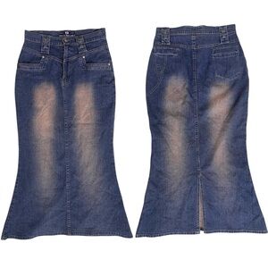 Vintage Y2K Faded Blue Denim Pink-y Beige Faded Denim Trumpet Maxi Skirt Size 30